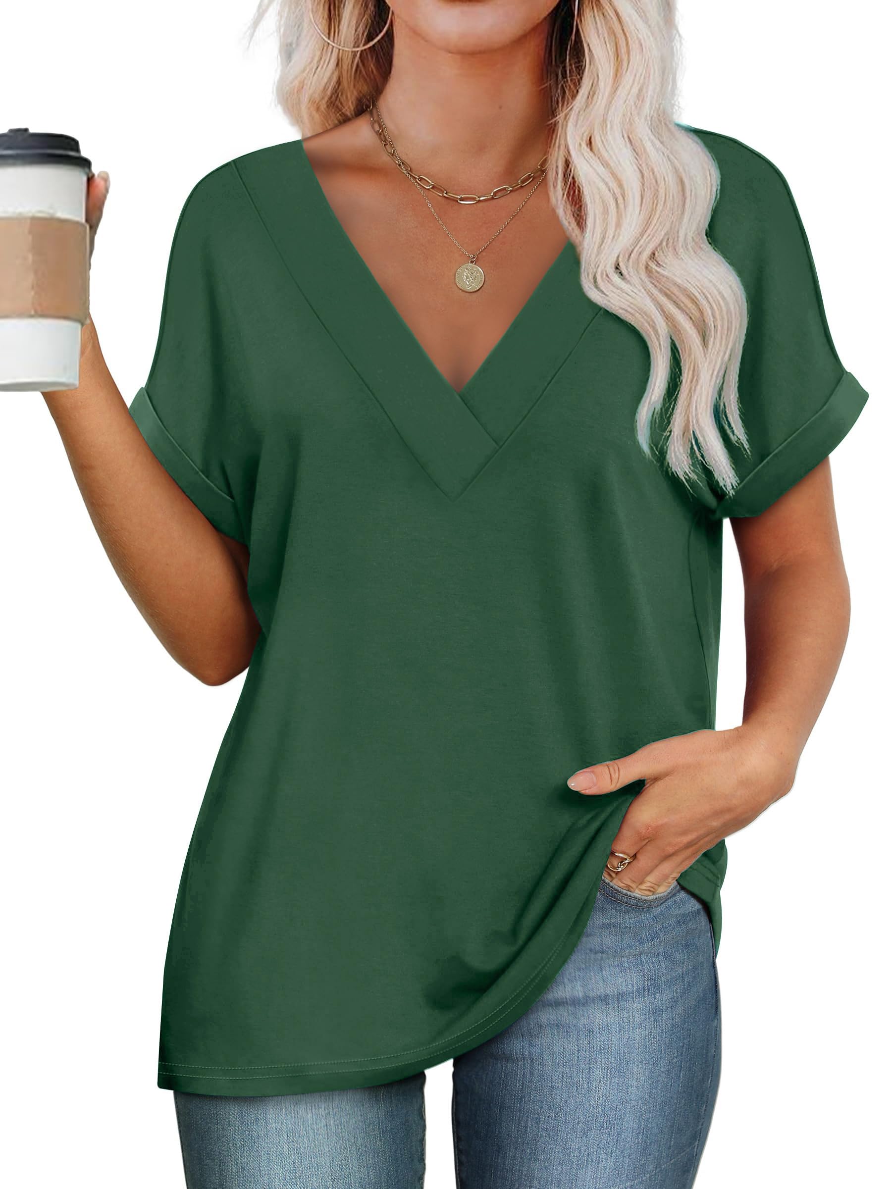 isermeo Womens T Shirts Short Sleeve V Neck Tees Fashion Tops 2026 Trendy Soft Casual Blouse Summer Outfits S-XXL