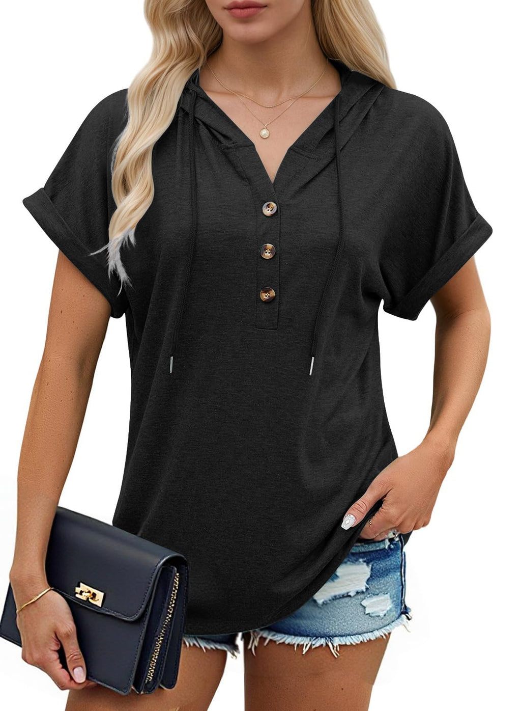 isermeo Womens Oversized Short Rolled Sleeve Summer Hoodie T Shirt 2024 Trendy Henley Button Tshirts S-XXL