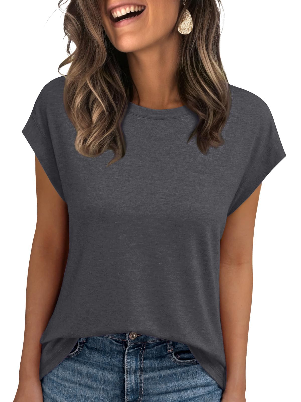 isermeo Womens Summer Tops Cap Sleeve T Shirts Crew Neck Outfits Cute Trendy Tunic Blouses 2026 S-XXL