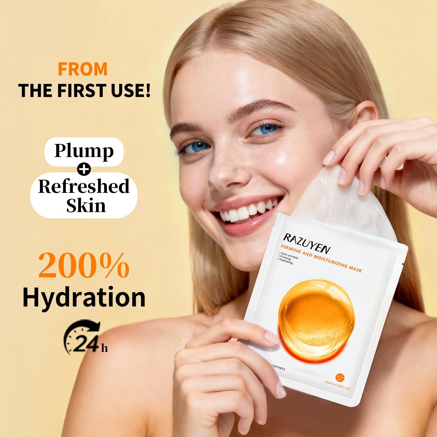 Masque en tissu RAZUYEN hydratant sur le visage, sachet de sérum ambré