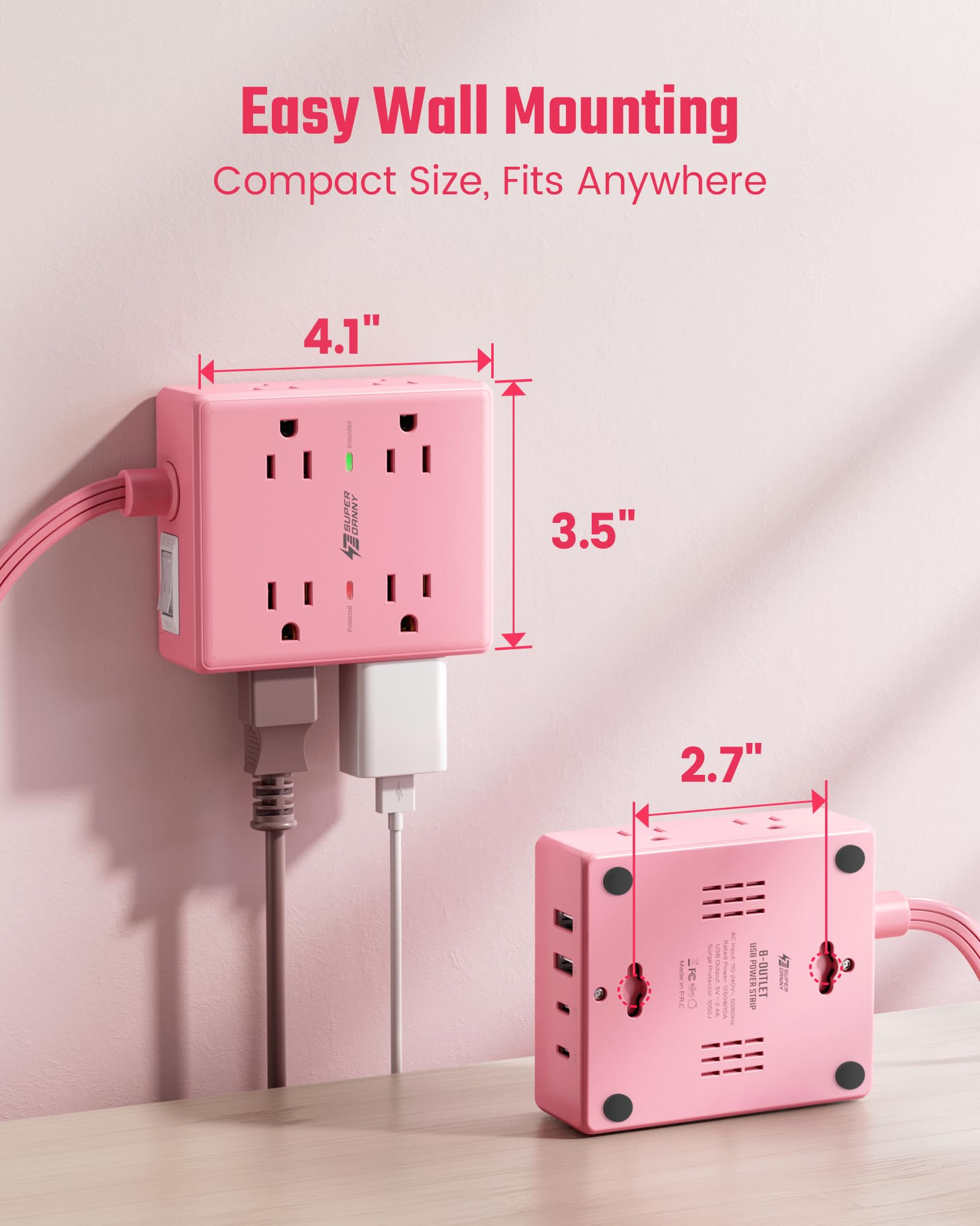 Surge Protector Power Bar, SUPERDANNY 6 Ft Extension Cord with 8 Outlets & 4USB Ports (2 USB 2 C), Mountable Flat Plug Power Strip, Surge Protection for Home, Office, Dorm