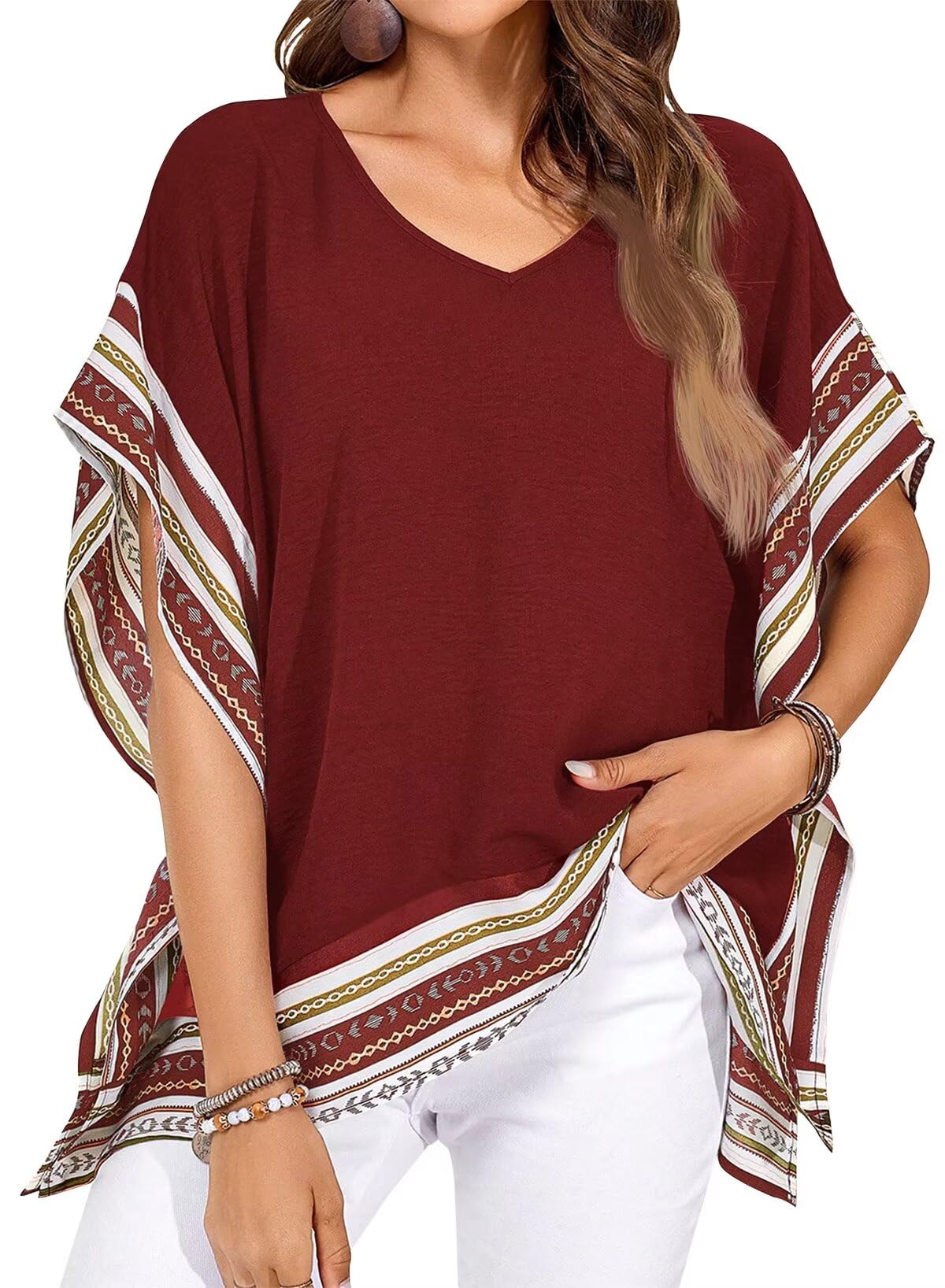 Falechay Women's Casual V Neck Floral Tops Batwing Sleeve Blouse Loose Fitting Shirts Boho Flowy Side Slit Tees