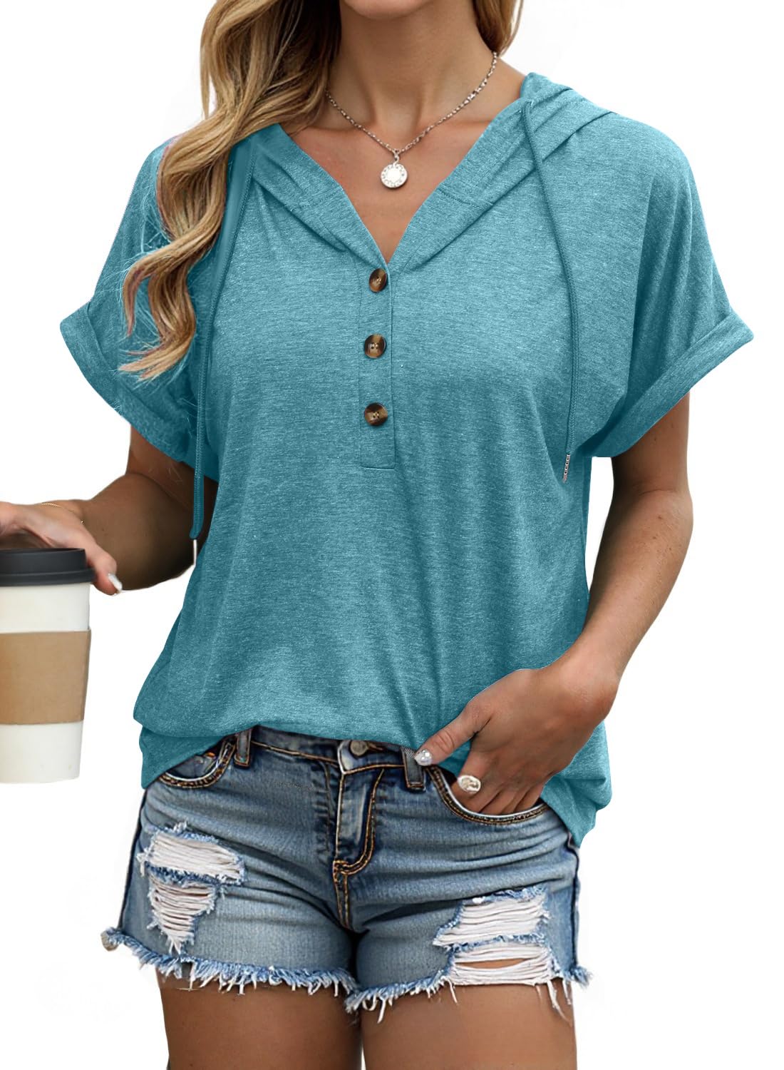 isermeo Womens Oversized Short Rolled Sleeve Summer Hoodie T Shirt 2024 Trendy Henley Button Tshirts S-XXL
