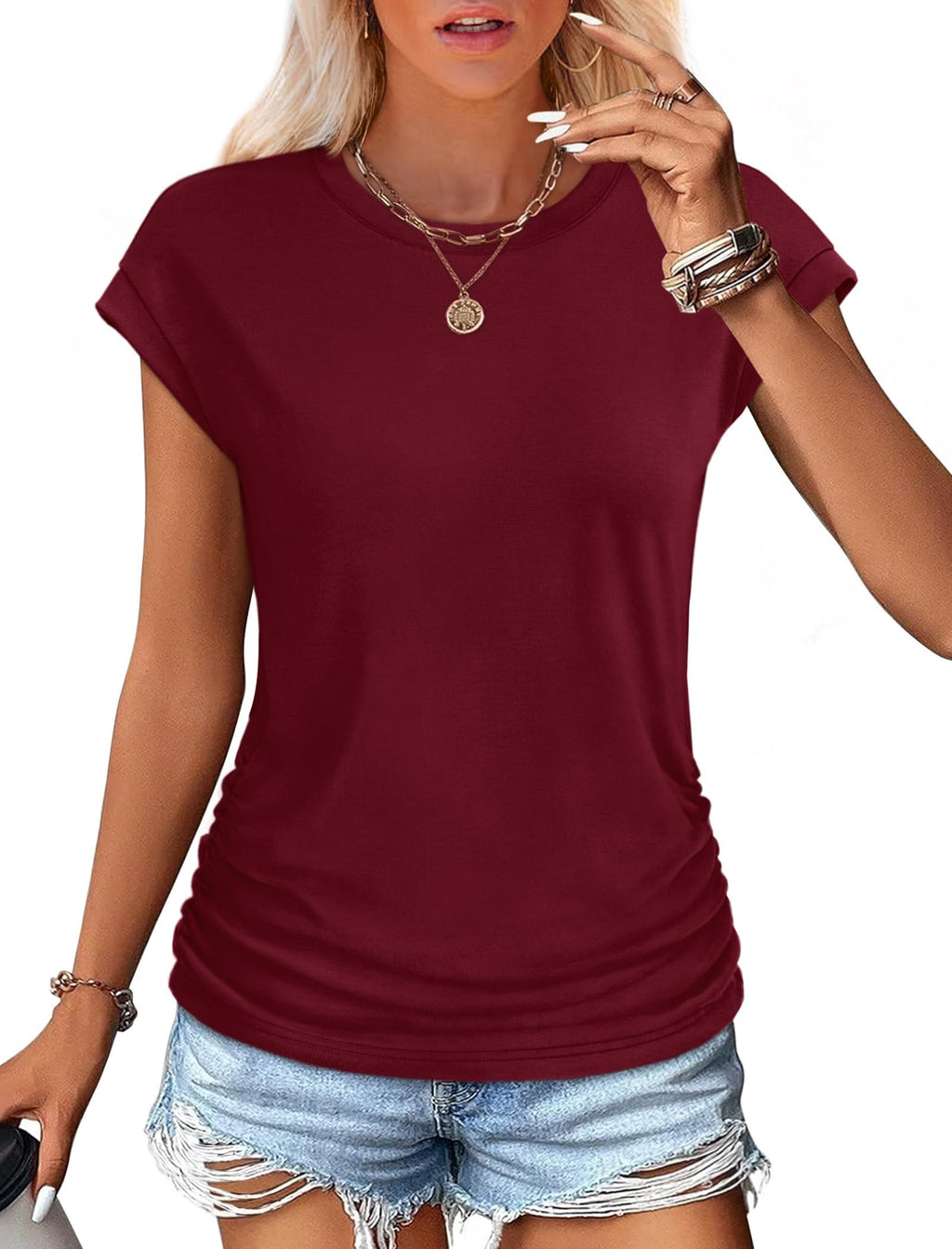 isermeo Womens Summer Tops Trendy 2026 Ruched Side Cap Short Sleeve Tshirts Crew Neck T Shirts Fashion S-XXL
