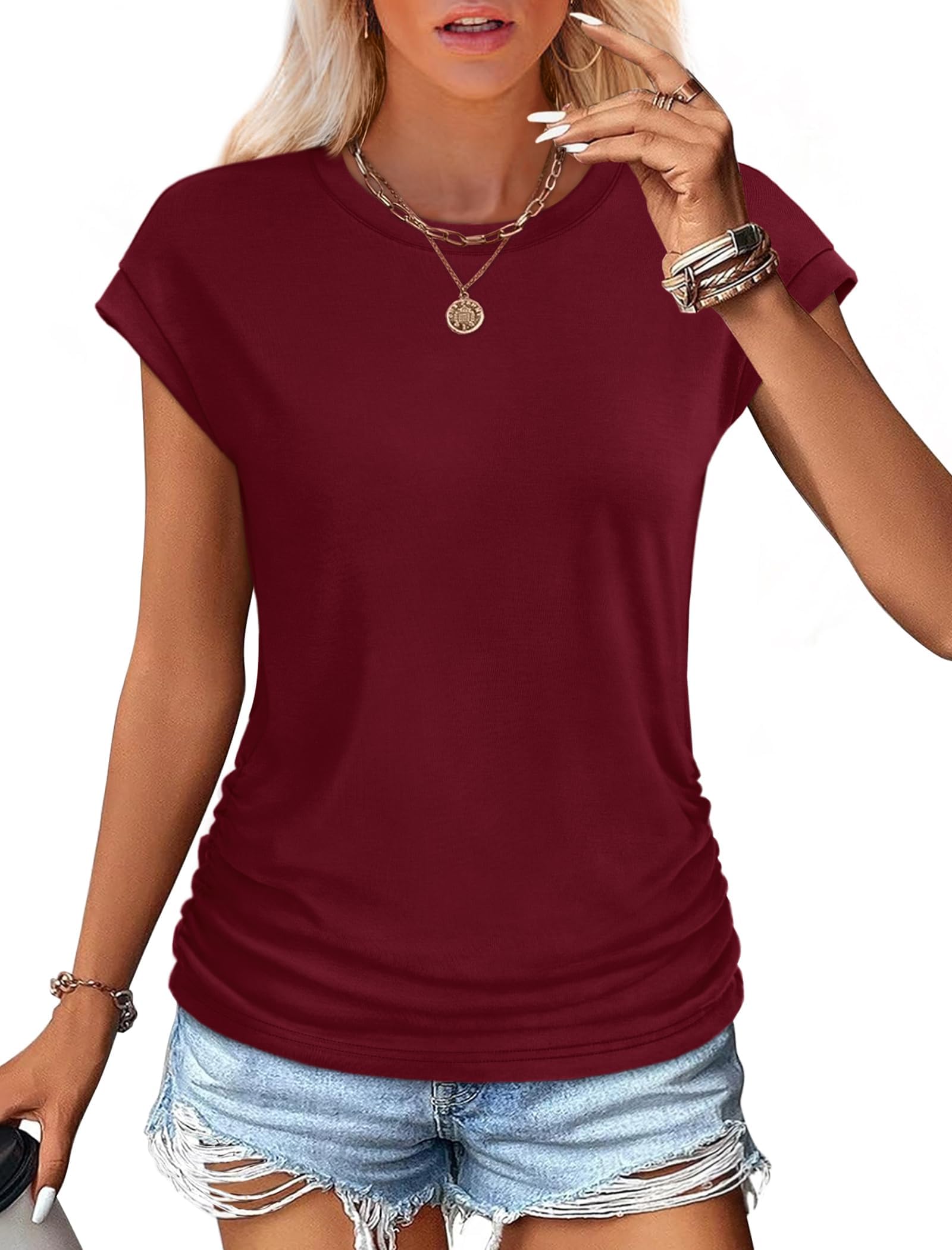 isermeo Womens Summer Tops Trendy 2026 Ruched Side Cap Short Sleeve Tshirts Crew Neck T Shirts Fashion S-XXL