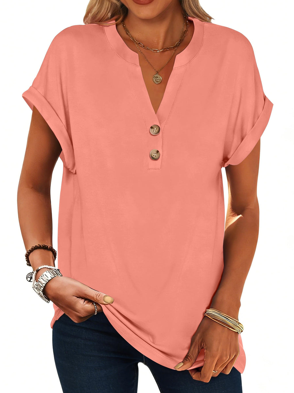 isermeo Womens Short Sleeve Henley Tops V Neck Dressy Casual Blouses Summer Tee Shirts 2026 Trendy Button Clothes S-XXL