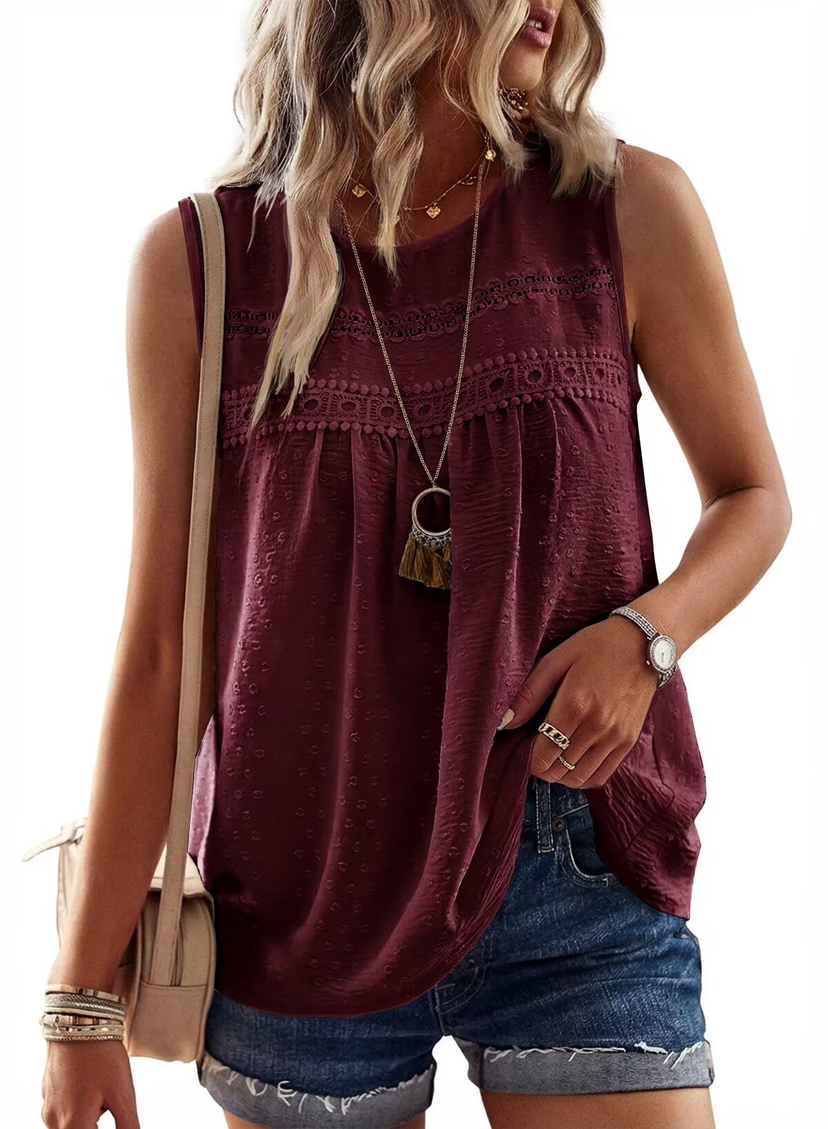 Falechay Womens Summer Tops Boho Shirts Crewneck Sleeveless Tank Tops Flowy Lace Hem Casual Blouses Clothing Trendy 2026