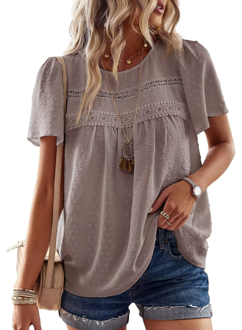 Falechay Womens Summer Tops Crewneck Short Sleeve Shirts Casual Chiffon Blouses Flowy Lace Hem Boho Clothing Trendy 2026