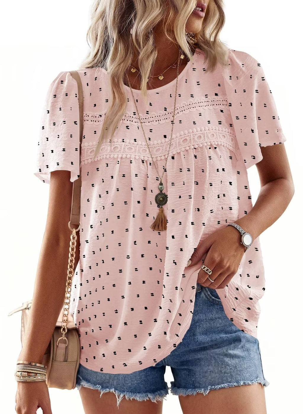 Falechay Womens Summer Tops Crewneck Short Sleeve Shirts Casual Chiffon Blouses Flowy Lace Hem Boho Clothing Trendy 2026