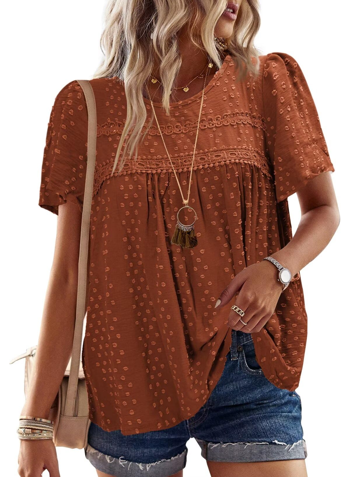 Falechay Womens Summer Tops Crewneck Short Sleeve Shirts Casual Chiffon Blouses Flowy Lace Hem Boho Clothing Trendy 2026