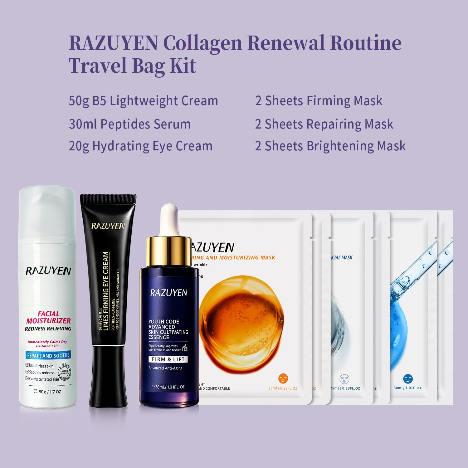 Trousse de voyage soins visage RAZUYEN avec flacons et masques en feuilles