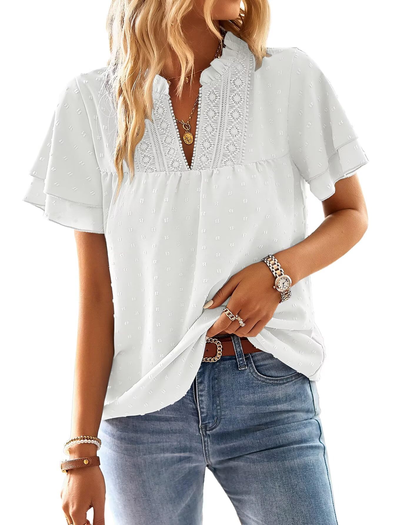 Falechay Womens Tops Butterfly Sleeve V Neck Blouses for Women Dressy Casual Flowy Swiss Dot Ruffle Short Sleeve Shirts