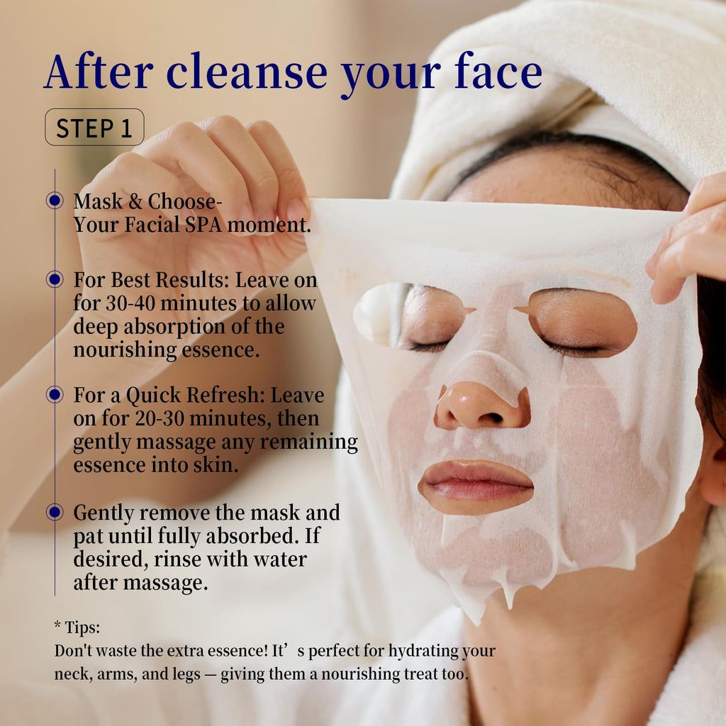 Masque en feuille pour le visage, femme les yeux fermés avec le masque appliqué