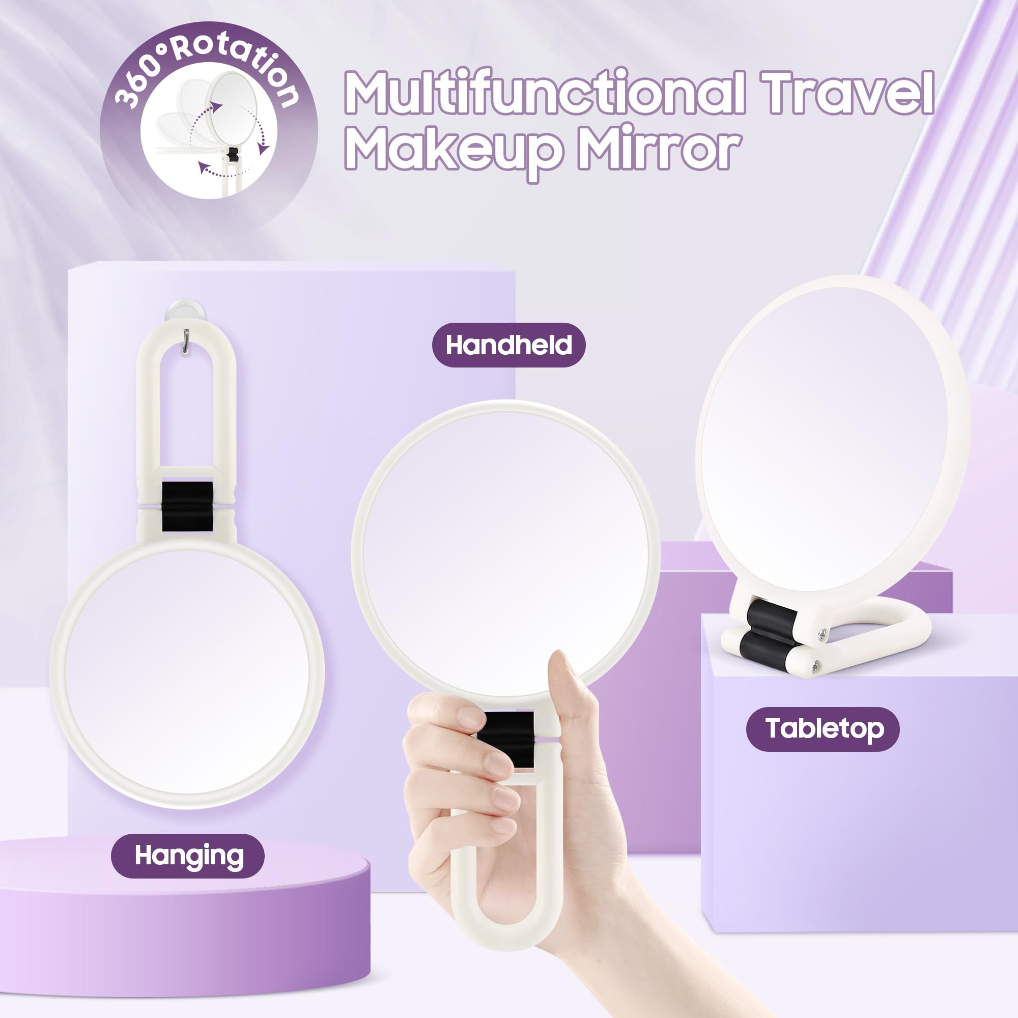 Miroir de maquillage multifonction, suspension et main, cadre blanc