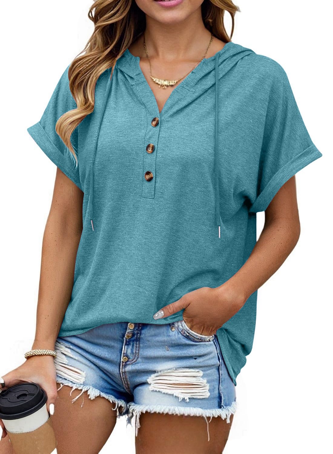 isermeo Womens Oversized Short Rolled Sleeve Summer Hoodie T Shirt 2024 Trendy Henley Button Tshirts S-XXL