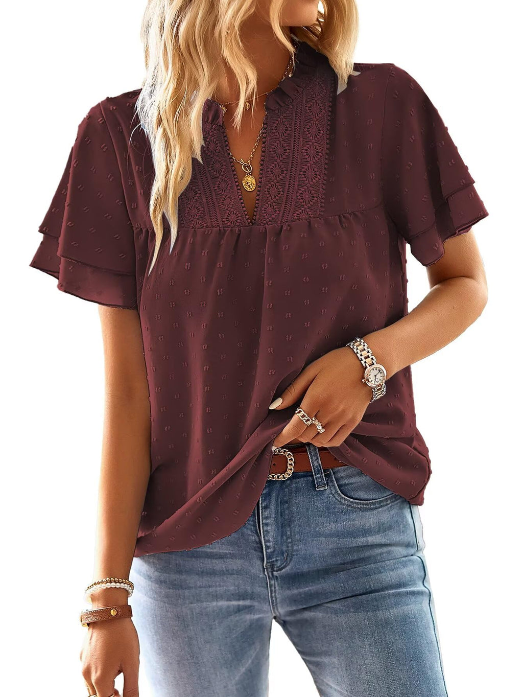 Falechay Womens Tops Butterfly Sleeve V Neck Blouses for Women Dressy Casual Flowy Swiss Dot Ruffle Short Sleeve Shirts