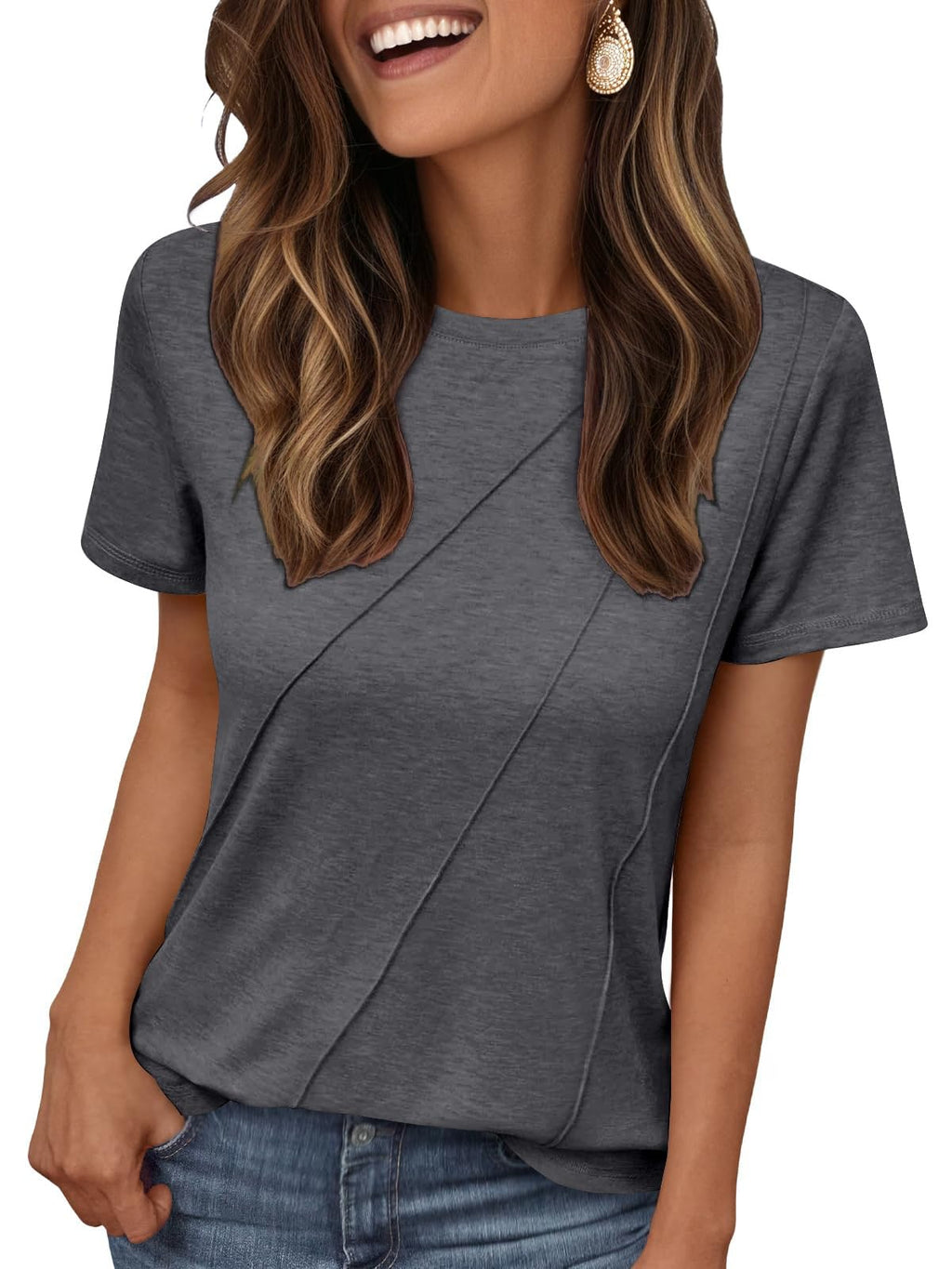 isermeo Women's Summer Short Sleeve Tops Casual Crewneck Fashion Pleated T-Shirts Blouses Trendy 2026 S-XXL