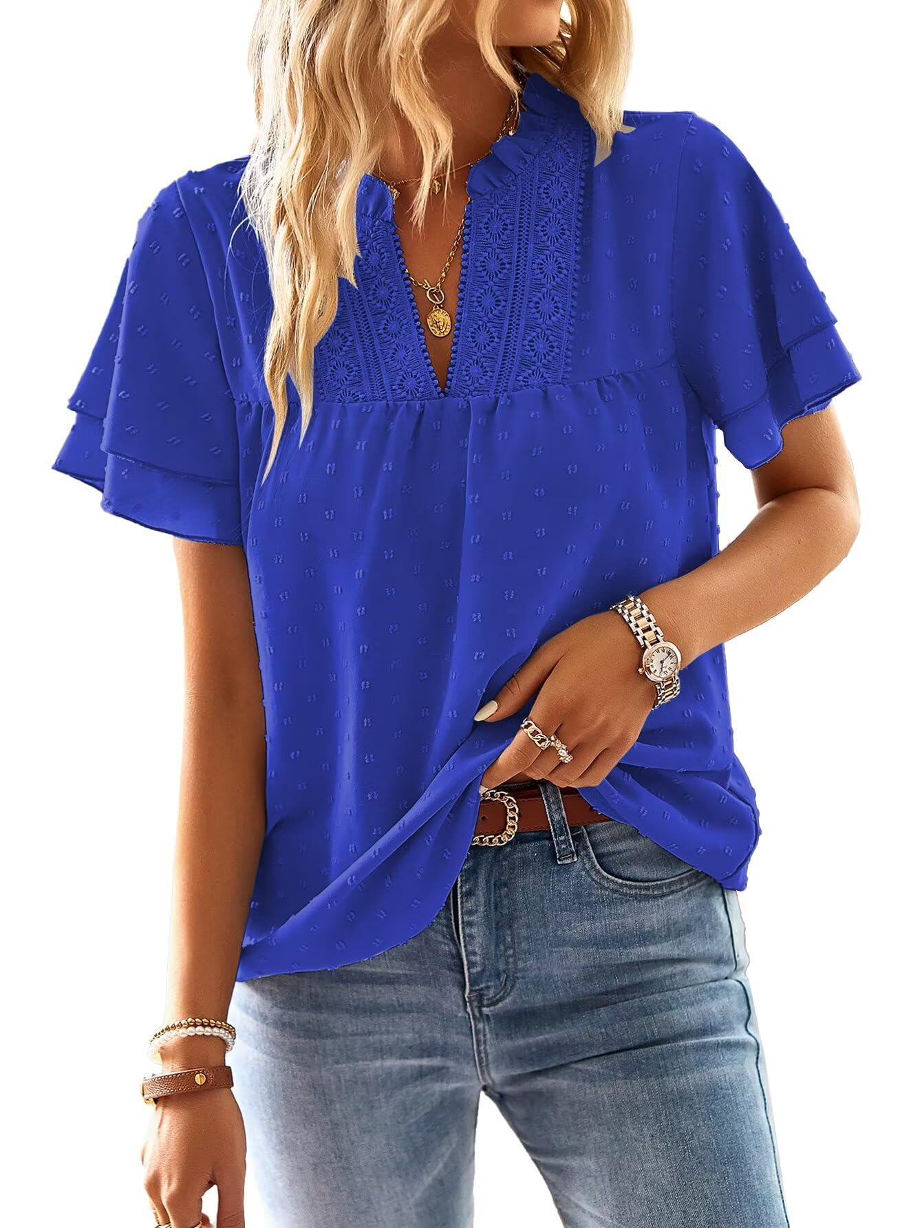 Falechay Womens Tops Butterfly Sleeve V Neck Blouses for Women Dressy Casual Flowy Swiss Dot Ruffle Short Sleeve Shirts