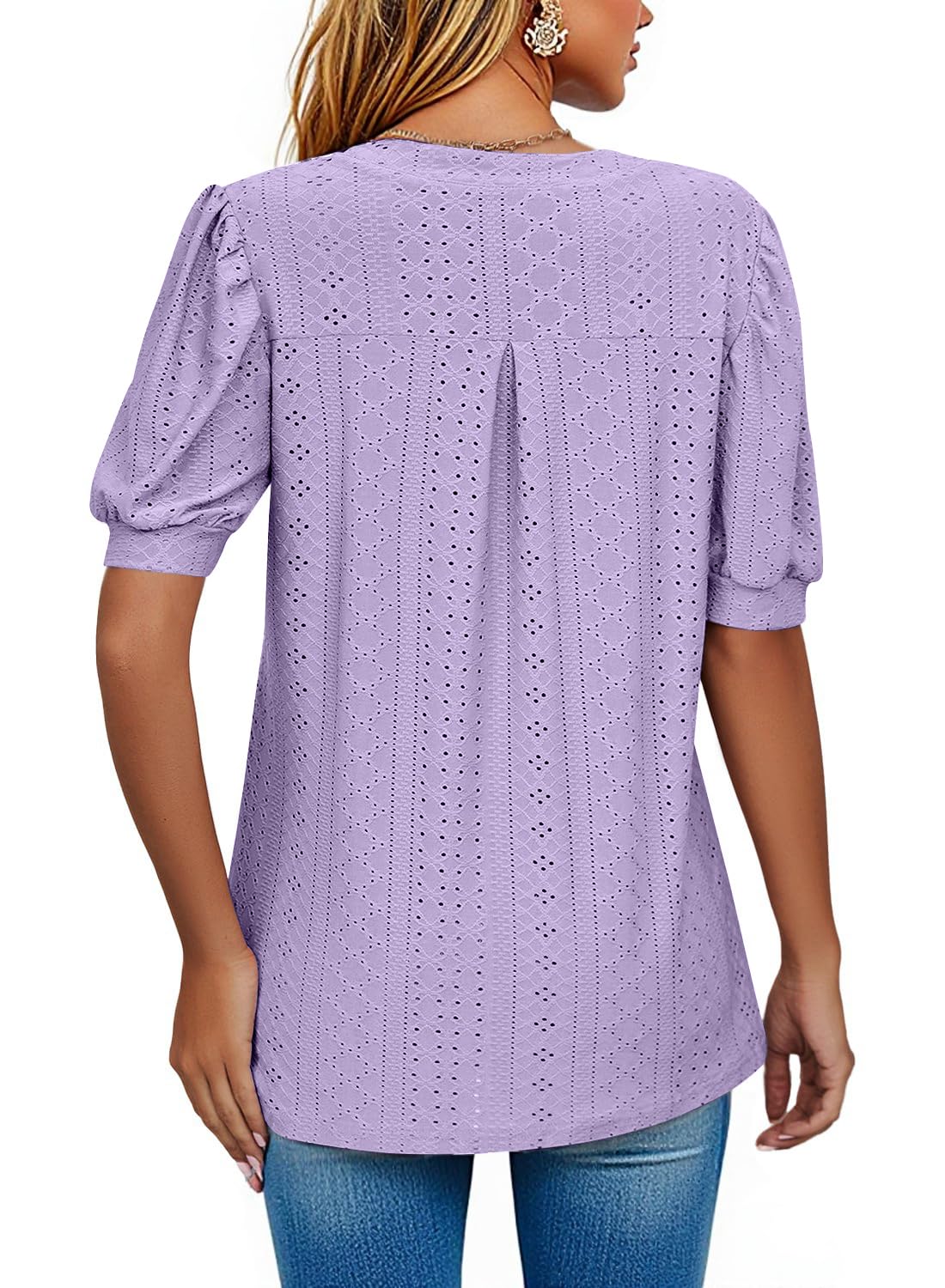 isermeo Womens Shirts Casual V Neck Tshirts Puff Short Sleeve Summer Tops Tunic Blouses S-XXL
