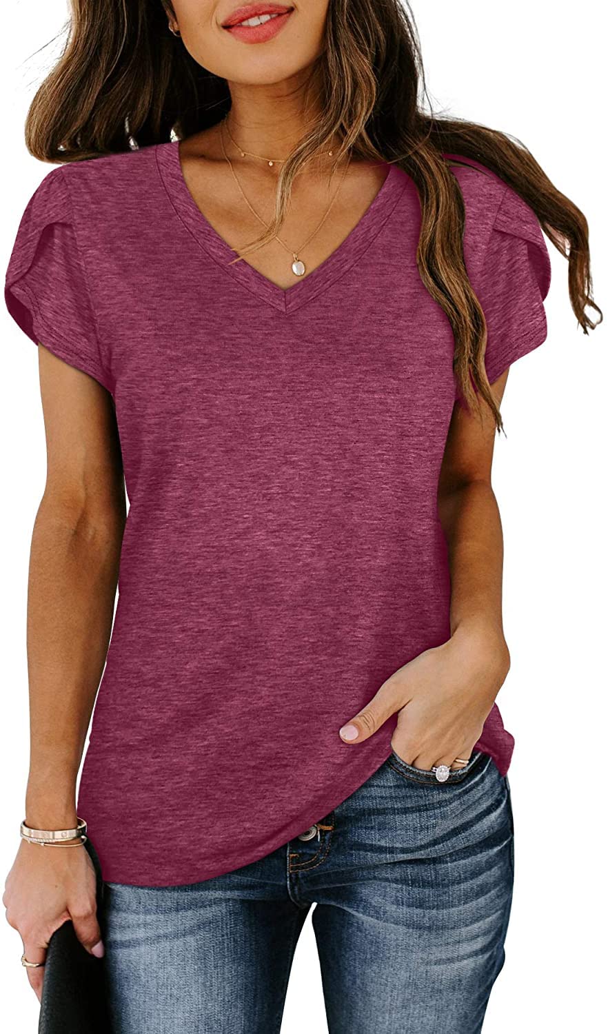 isermeo Womens Summer Tops Sexy V Neck Petal Sleeve Casual Solid Color Tee Tshirts S-XXL
