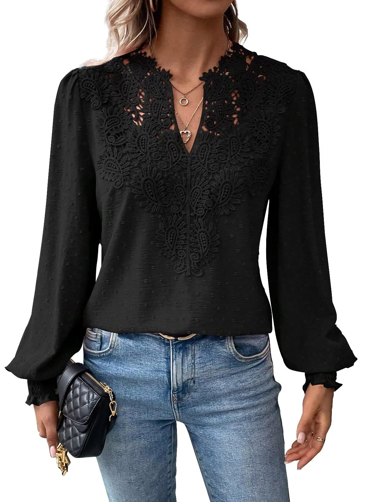 Falechay Womens Tops Swiss Dot Boho Long Sleeve Shirts V Neck Casual Chiffon Blouses Flowy Lace Hem Cute Clothing Trendy 2026