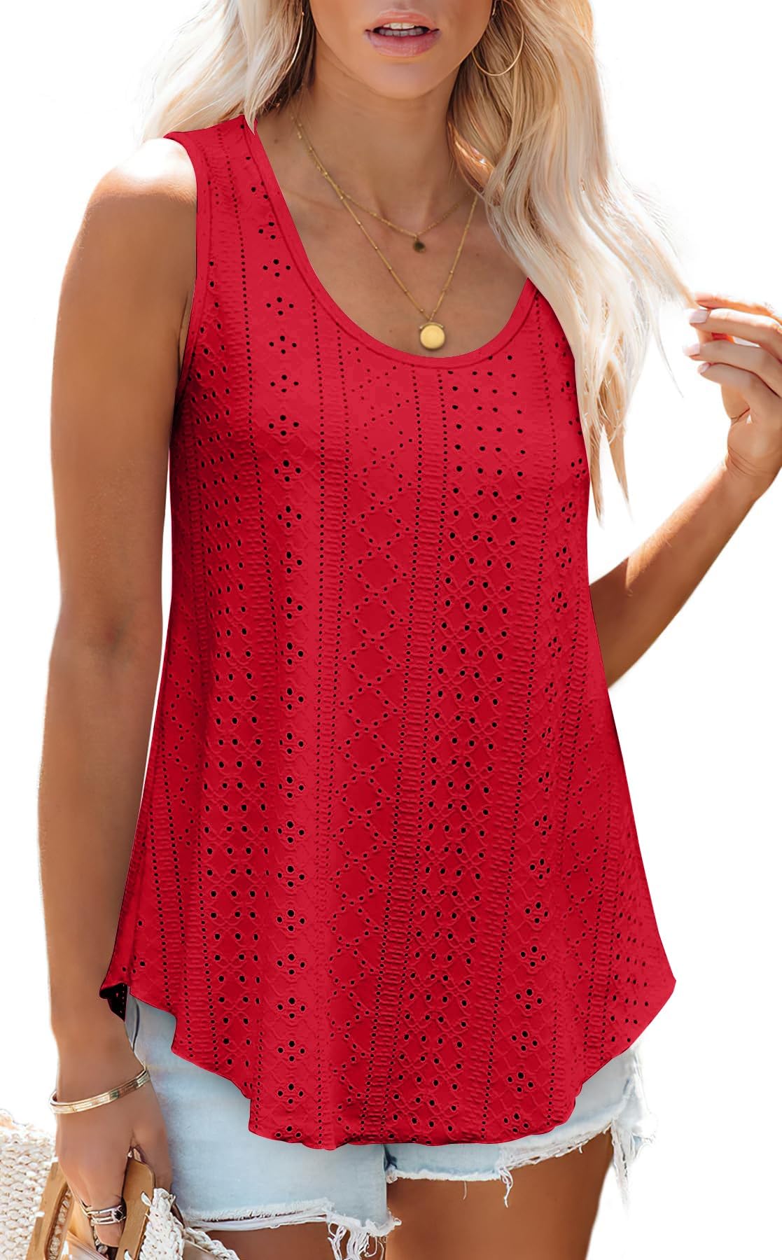 isermeo Womens Tank Tops Eyelet Embroidery Scoop Neck Loose Casual Sleeveless Flowy Summer Shirts Trendy S-2XL