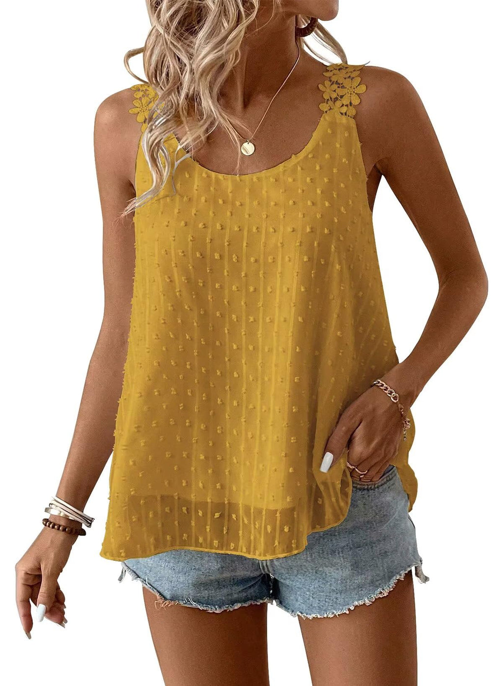 Falechay Womens Tank Tops Flowy Sleeveless Summer Boho Tank Top for Women Crewneck Spaghetti Strap Lace Camisole Shirts