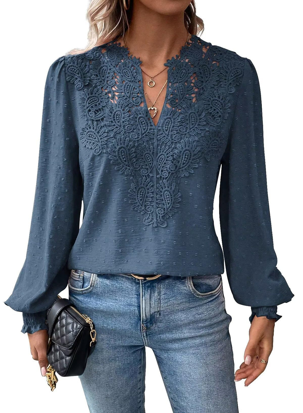 Falechay Womens Tops Swiss Dot Boho Long Sleeve Shirts V Neck Casual Chiffon Blouses Flowy Lace Hem Cute Clothing Trendy 2026