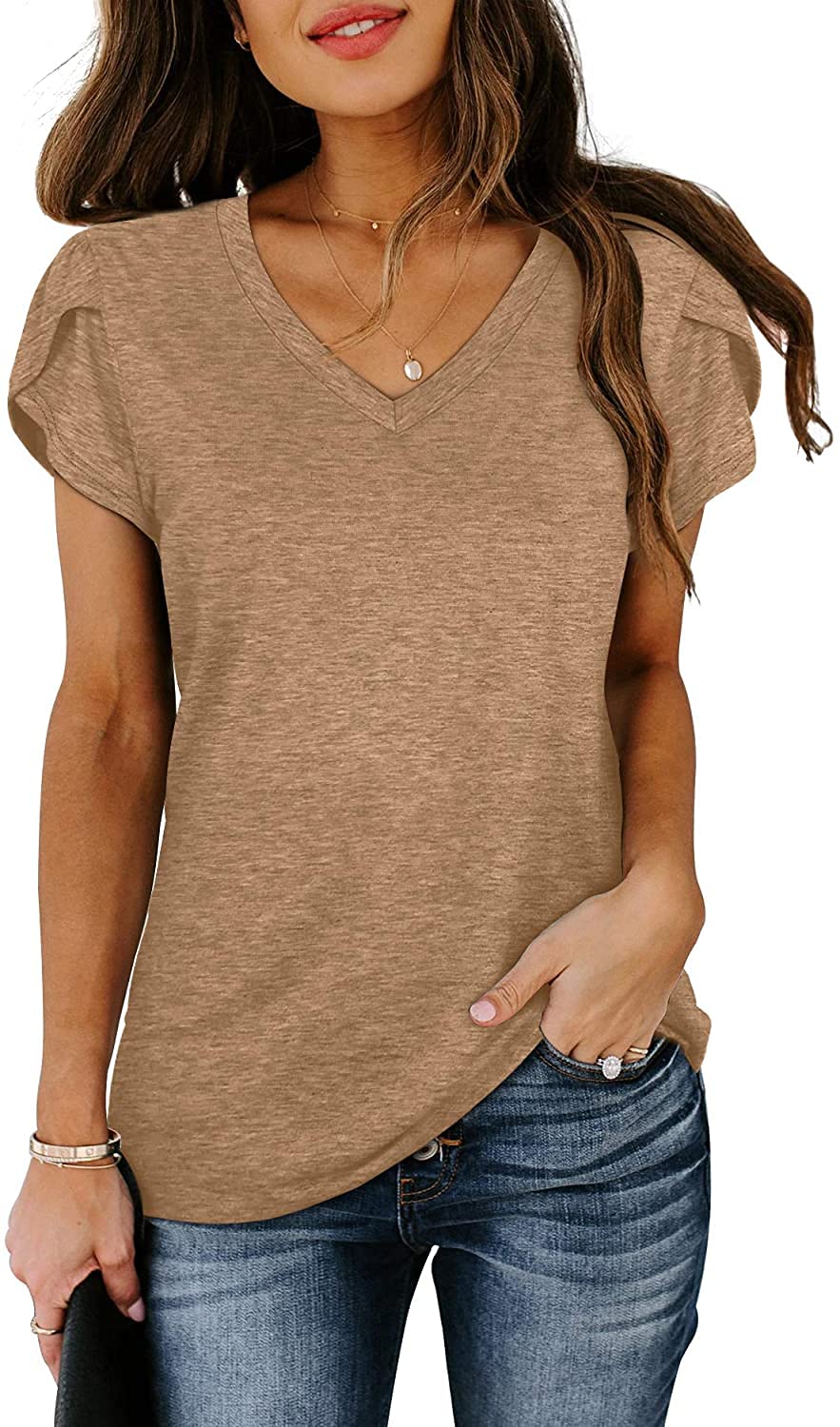 isermeo Womens Summer Tops Sexy V Neck Petal Sleeve Casual Solid Color Tee Tshirts S-XXL