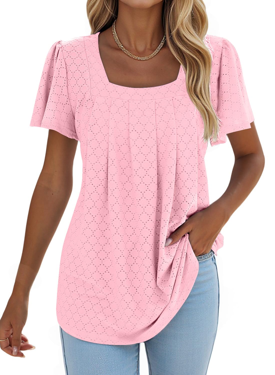 isermeo Summer Tops for Women Pleated Square Neck Ruffle Sleeve Shirts Casual Loose Flowy Curved Hem Tunic S-XXL