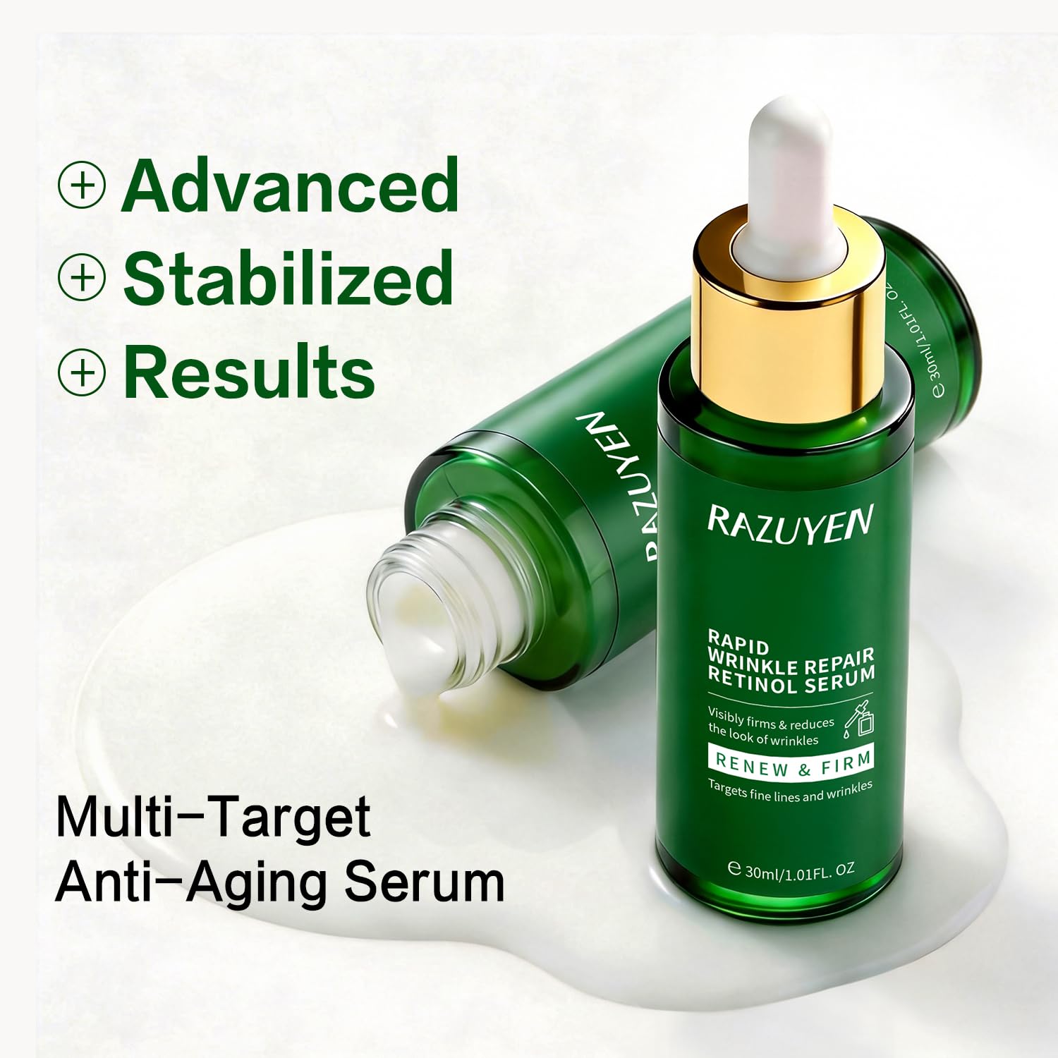 Sérum anti-âge RAZUYEN au rétinol, flacon vert et bouchon doré, goutte au-dessus