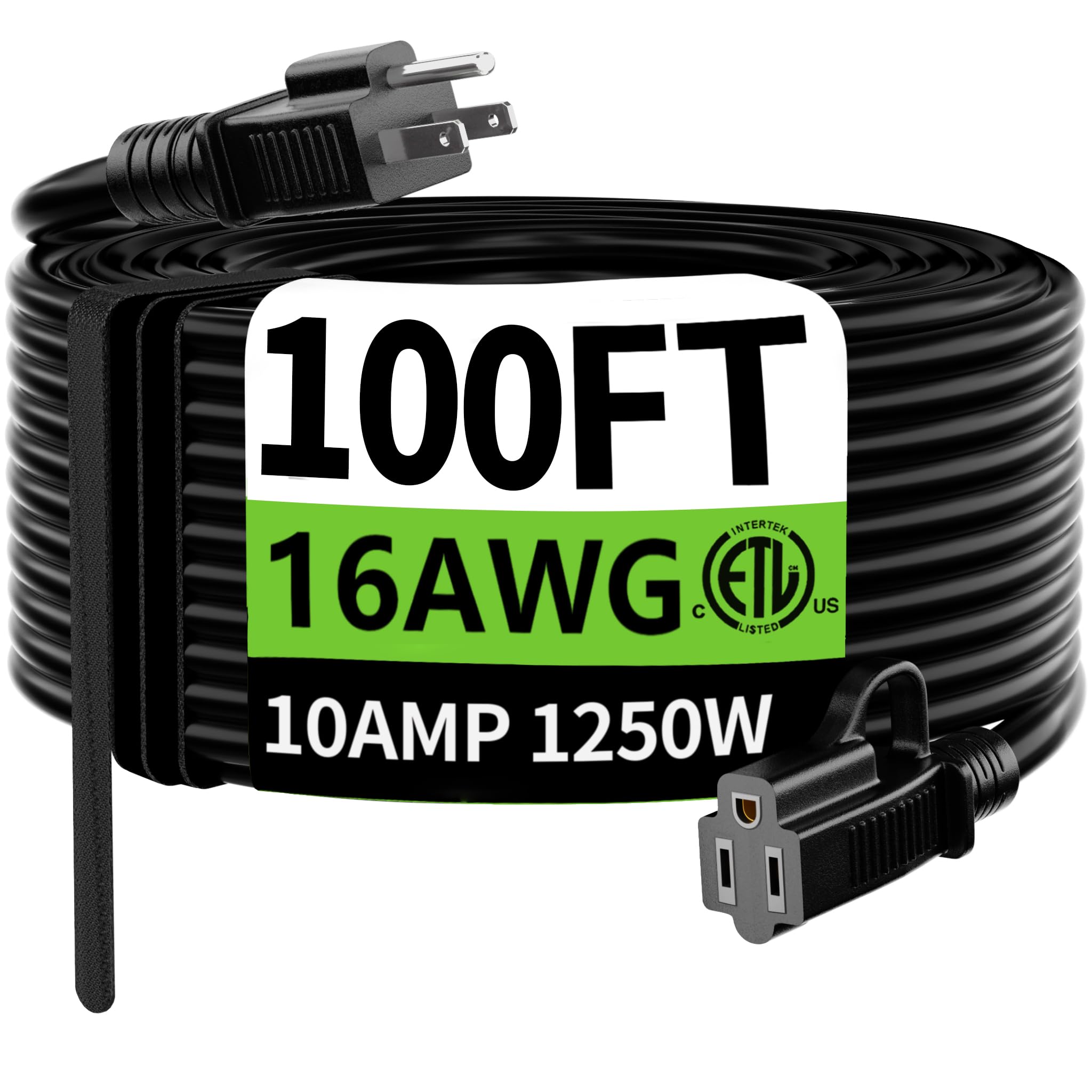 HUANCHAIN Indoor Outdoor Black Extension Cord 15 ft Waterproof, 16/3 Gauge Flexible Cold-Resistant Appliance Extension Cable Outside, 13A 1625W 16AWG SJTW, 3 Prong Electric Cord, ETL