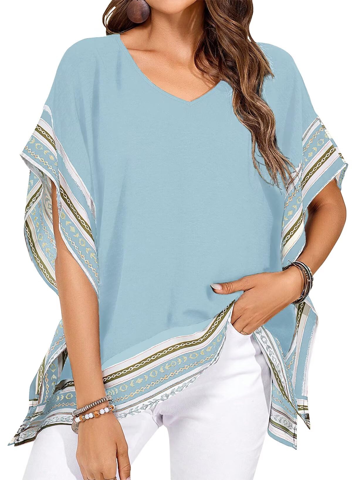Falechay Women's Casual V Neck Floral Tops Batwing Sleeve Blouse Loose Fitting Shirts Boho Flowy Side Slit Tees