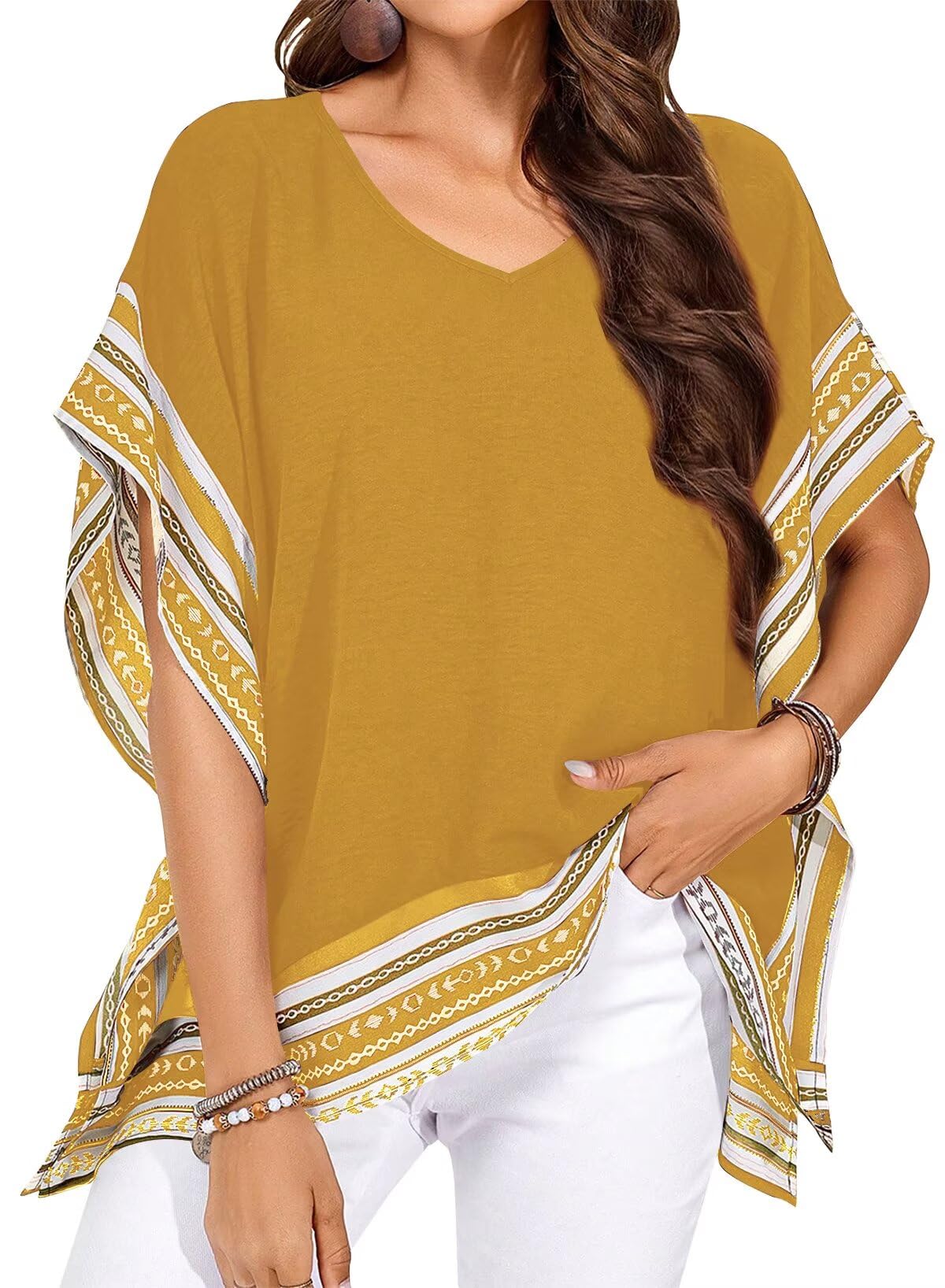 Falechay Women's Casual V Neck Floral Tops Batwing Sleeve Blouse Loose Fitting Shirts Boho Flowy Side Slit Tees