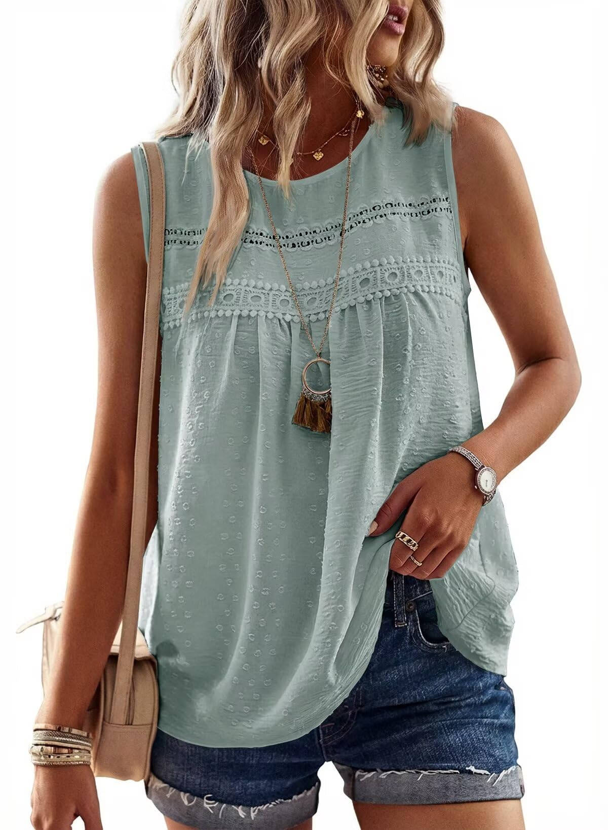 Falechay Womens Summer Tops Boho Shirts Crewneck Sleeveless Tank Tops Flowy Lace Hem Casual Blouses Clothing Trendy 2026