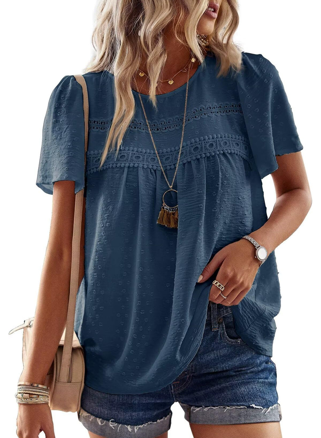 Falechay Womens Summer Tops Crewneck Short Sleeve Shirts Casual Chiffon Blouses Flowy Lace Hem Boho Clothing Trendy 2026