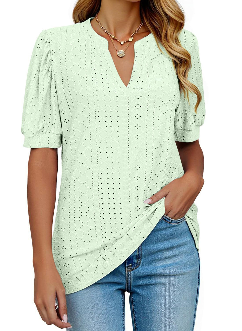 isermeo Womens Shirts Casual V Neck Tshirts Puff Short Sleeve Summer Tops Tunic Blouses S-XXL