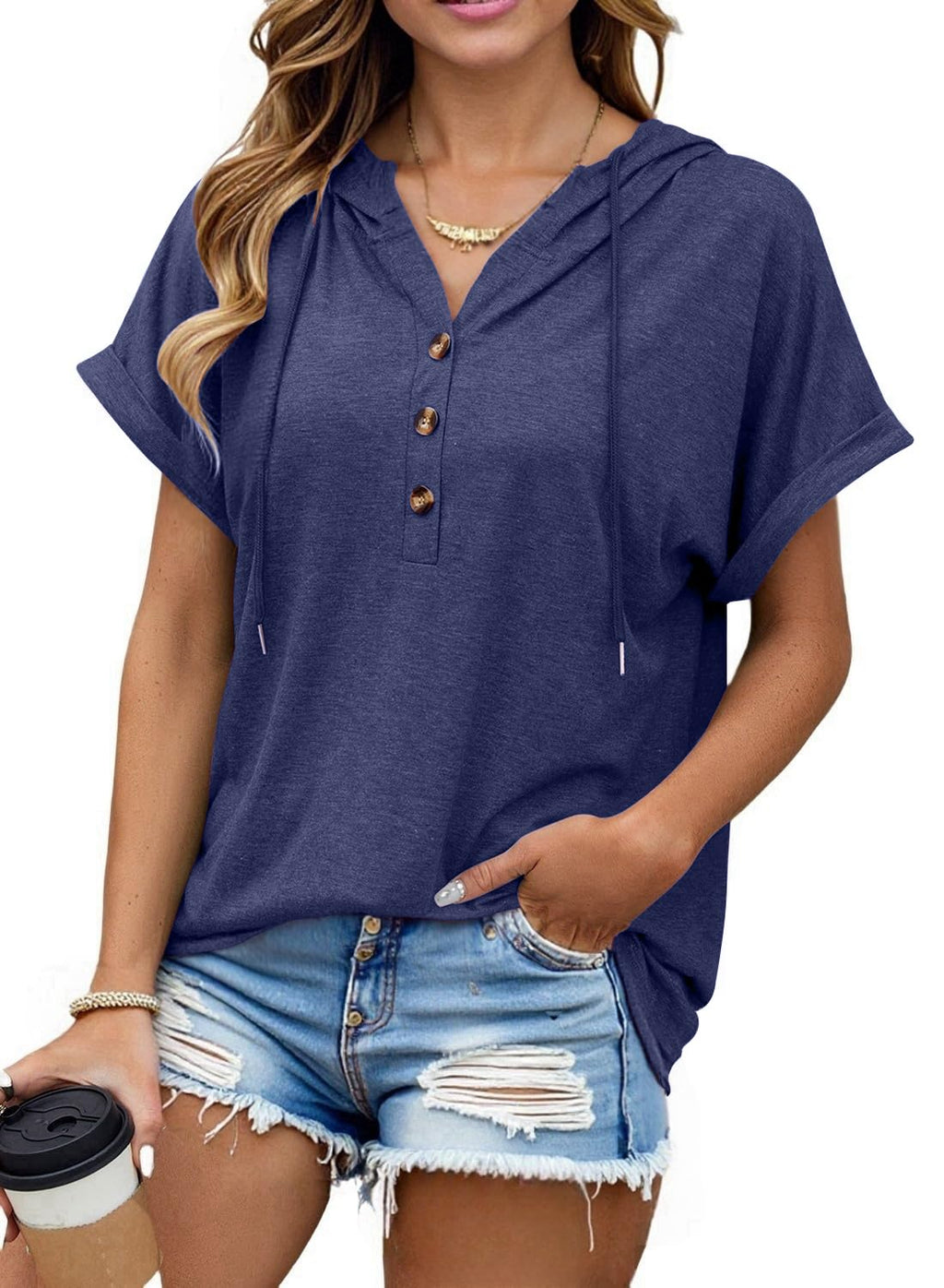 isermeo Womens Oversized Short Rolled Sleeve Summer Hoodie T Shirt 2024 Trendy Henley Button Tshirts S-XXL
