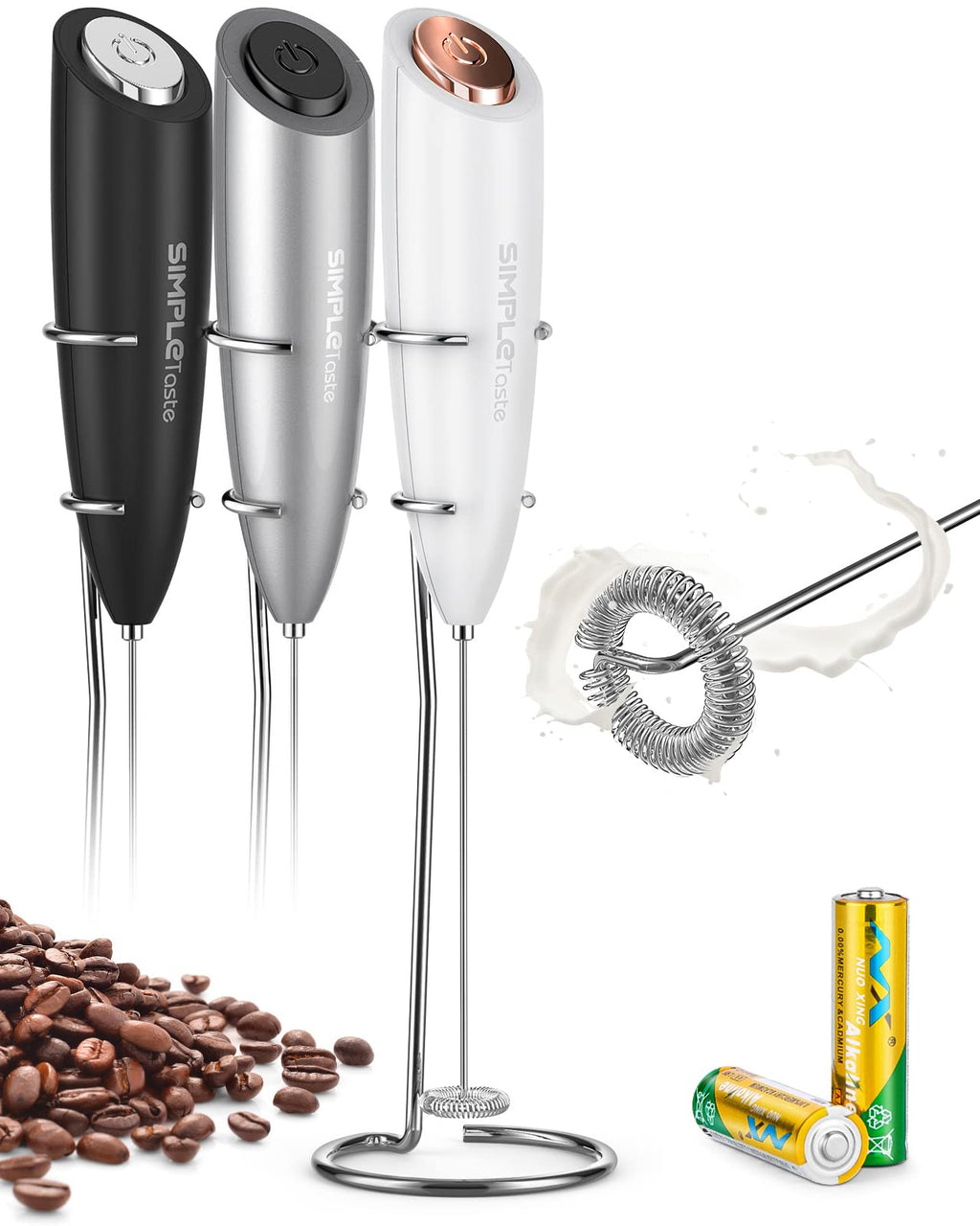 SIMPLETASTE Milk Frother Handheld Electric Foam Maker, Drink Mixer with Stainless Steel Whisk for Cappuccino, Bulletproof Coffee, Latte, Blizzard White, Without Stand, Battery Operated