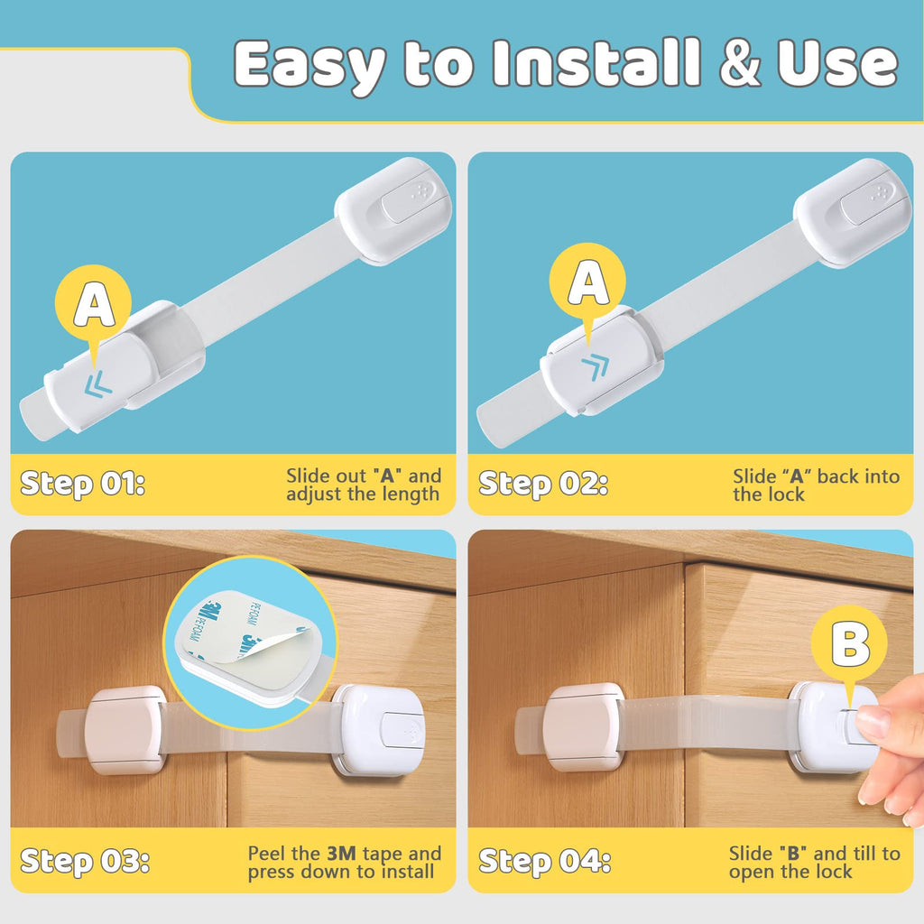 4our Kiddies Child Safety Cabinet Locks for Babies (6 Pack), Child Proof Latches for Cabinets and Drawers Doors, Baby Proofing Cabinet Strap Locks for Cupboard and Closet with 6Pcs Extra 3M Adhesives