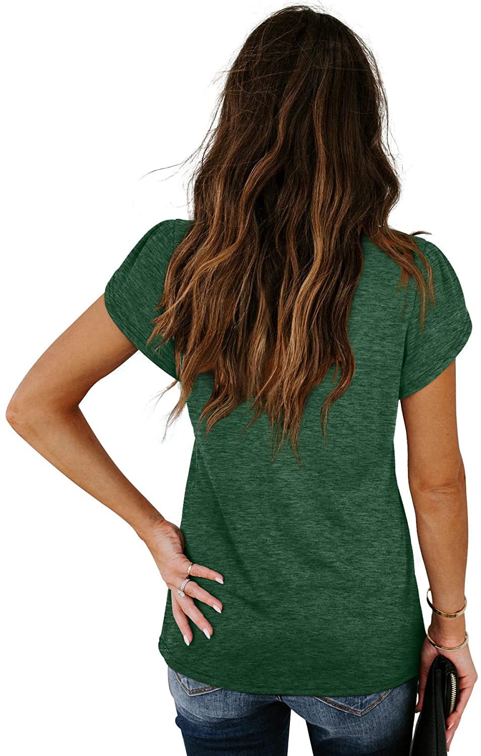 isermeo Womens Summer Tops Sexy V Neck Petal Sleeve Casual Solid Color Tee Tshirts S-XXL