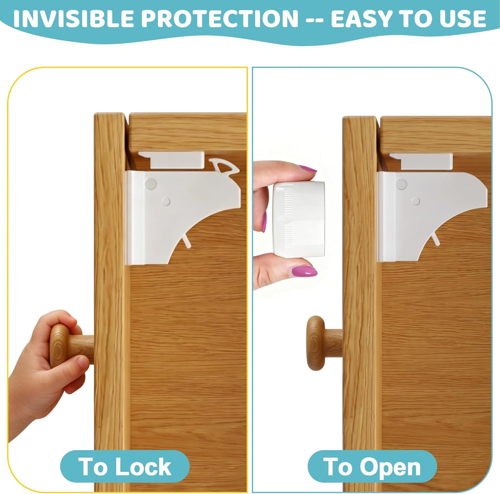 Magnetic Cabinet Locks 4 Locks + 1 Key, Baby Proofing Child Safety Locks for Cabinets and Drawers, Invisible No Drill Adhesive Design with Easy Installation Template & Screws, Starter Kit