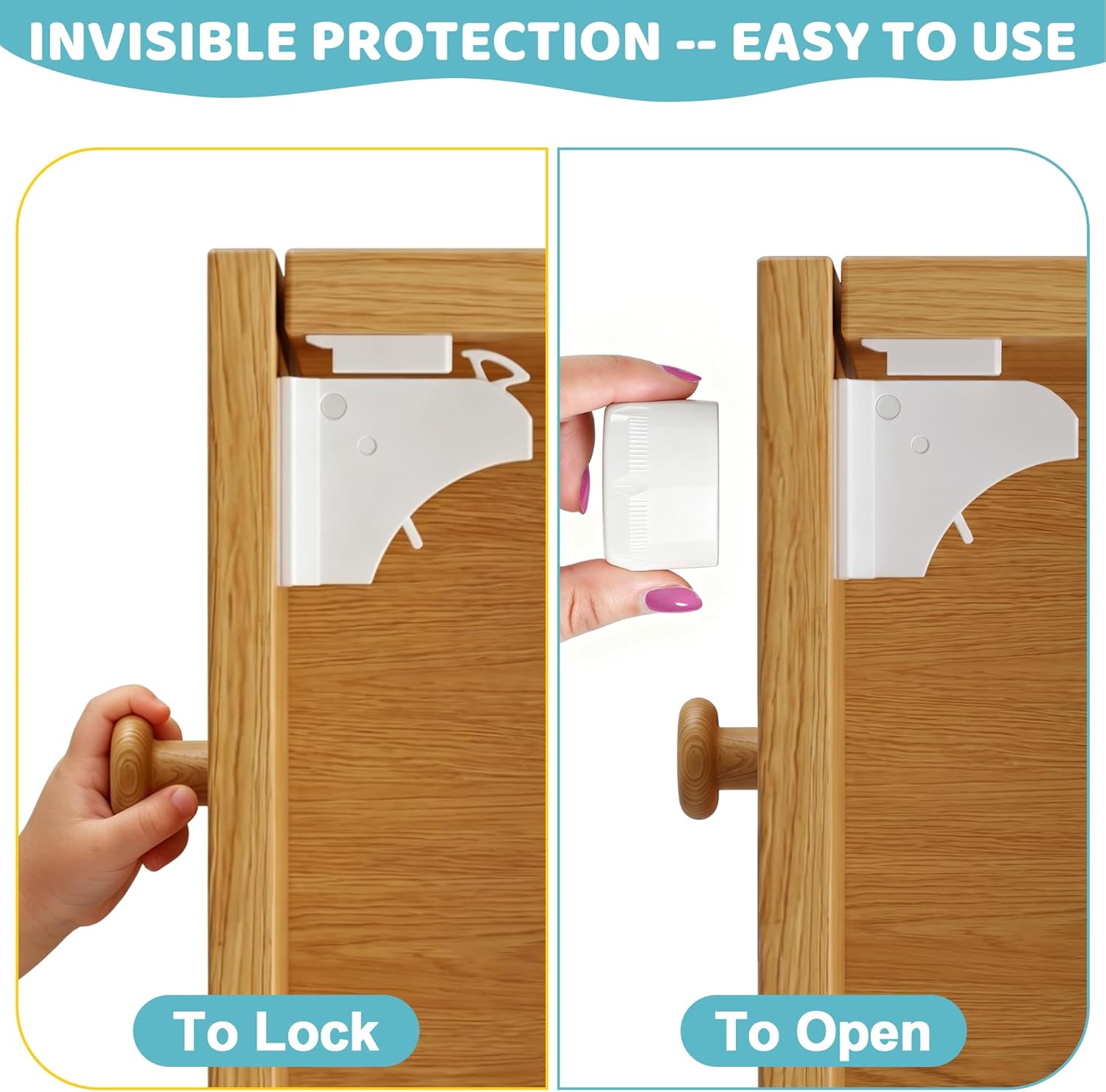 Magnetic Cabinet Locks 4 Locks + 1 Key, Baby Proofing Child Safety Locks for Cabinets and Drawers, Invisible No Drill Adhesive Design with Easy Installation Template & Screws, Starter Kit