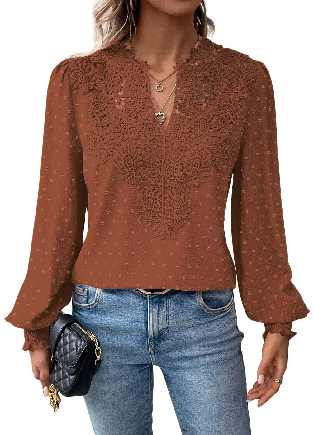 Falechay Womens Tops Swiss Dot Boho Long Sleeve Shirts V Neck Casual Chiffon Blouses Flowy Lace Hem Cute Clothing Trendy 2026