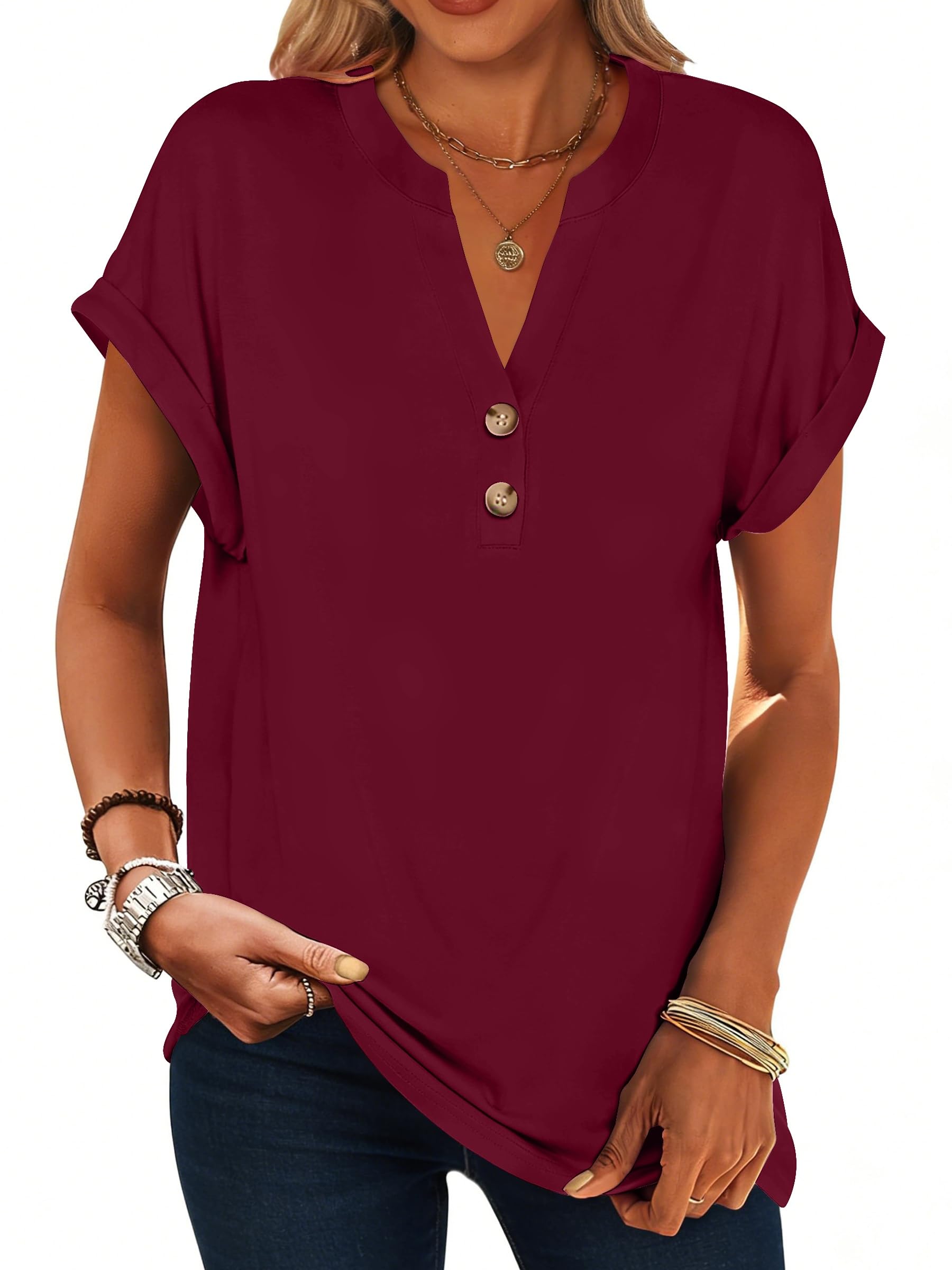 isermeo Womens Short Sleeve Henley Tops V Neck Dressy Casual Blouses Summer Tee Shirts 2026 Trendy Button Clothes S-XXL
