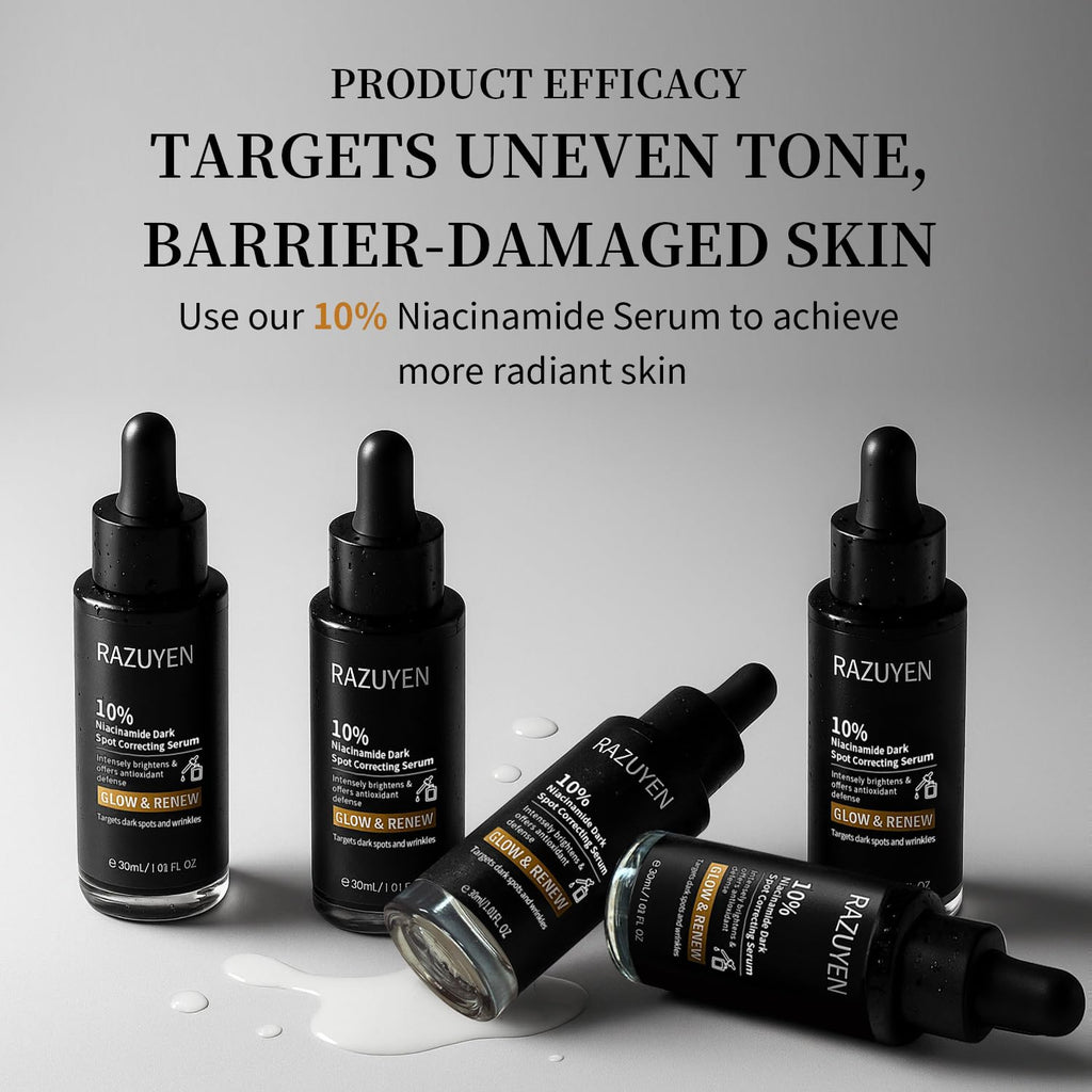 Ensemble de sérums RAZUYEN au niacinamide 10% en flacons noirs avec pipettes.
