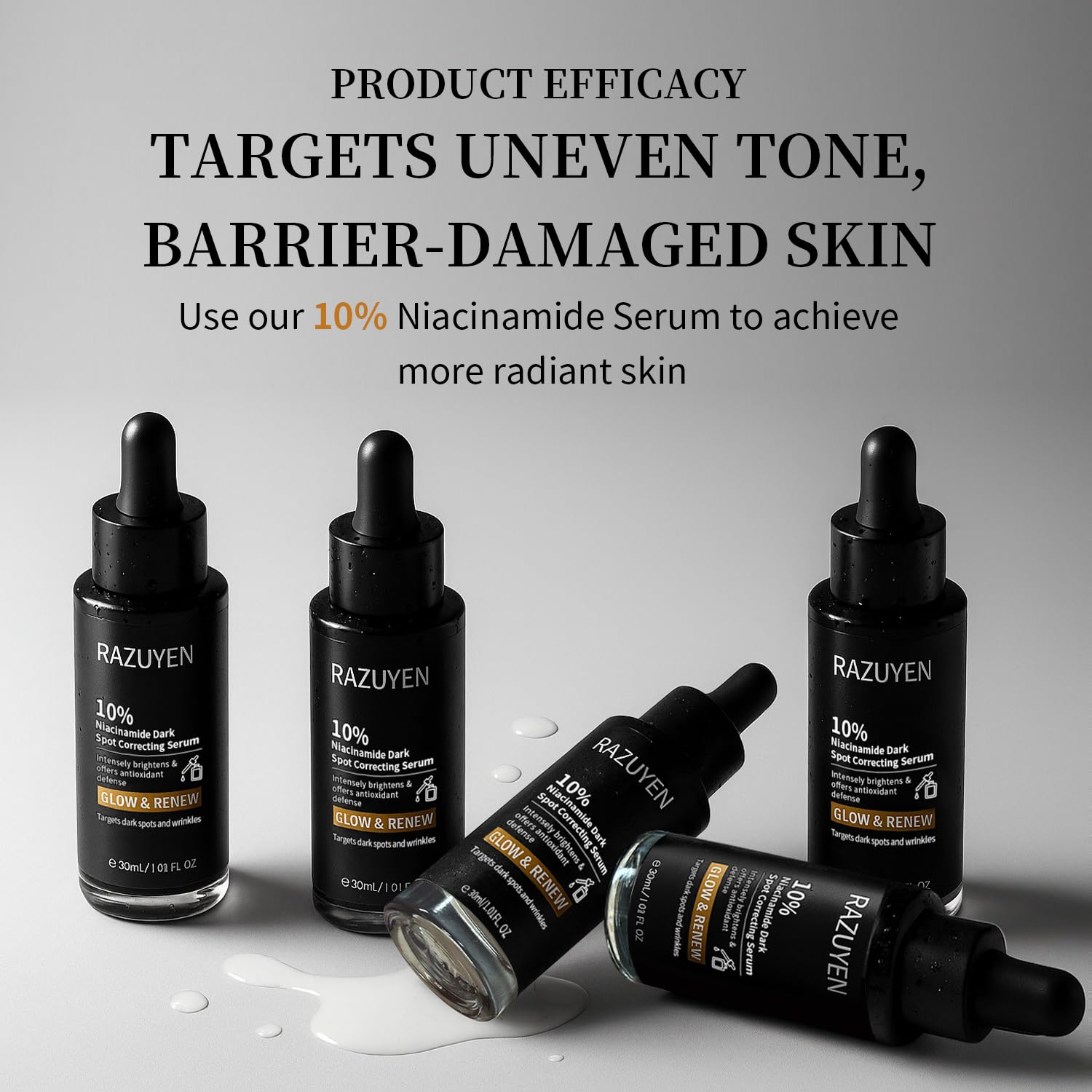 Ensemble de sérums RAZUYEN au niacinamide 10% en flacons noirs avec pipettes.