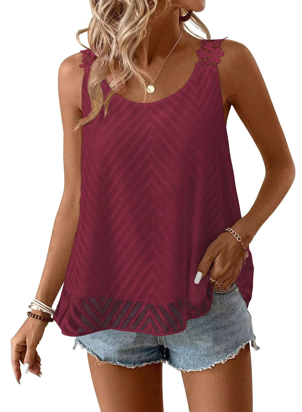 Falechay Womens Tank Tops Flowy Sleeveless Summer Boho Tank Top for Women Crewneck Spaghetti Strap Lace Camisole Shirts