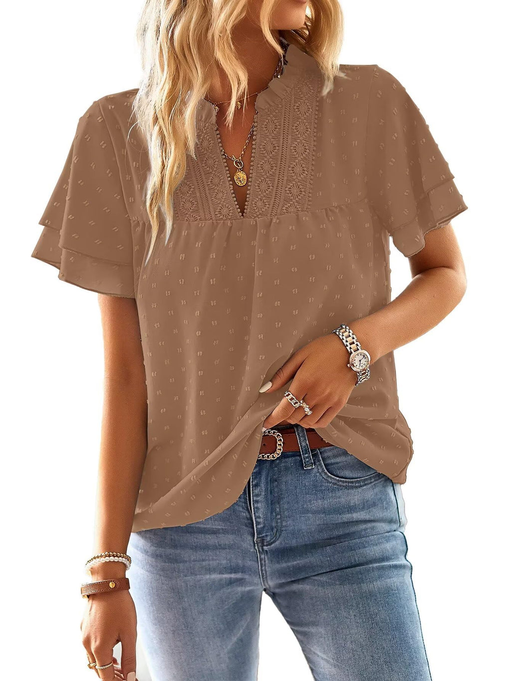 Falechay Womens Tops Butterfly Sleeve V Neck Blouses for Women Dressy Casual Flowy Swiss Dot Ruffle Short Sleeve Shirts