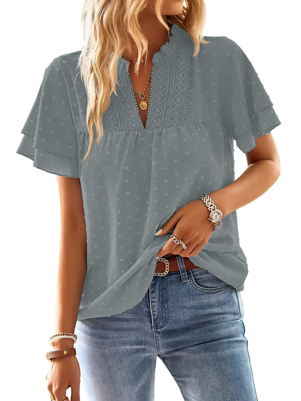 Falechay Womens Tops Butterfly Sleeve V Neck Blouses for Women Dressy Casual Flowy Swiss Dot Ruffle Short Sleeve Shirts